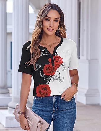 Womens Tops Short Sleeve Shirts Buttons V Neck Spring Fashion Summer Outfits Plus Size Blouses Dressy Casual