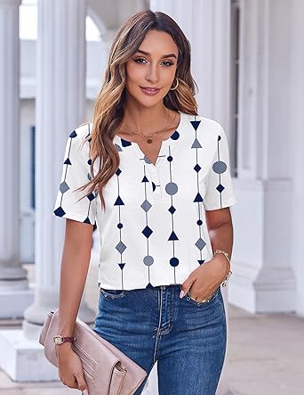 Womens Tops Short Sleeve Shirts Buttons V Neck Spring Fashion Summer Outfits Plus Size Blouses Dressy Casual