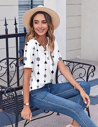 Womens Tops Short Sleeve Shirts Buttons V Neck Spring Fashion Summer Outfits Plus Size Blouses Dressy Casual