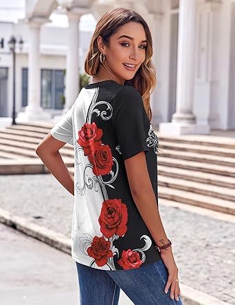 Womens Tops Short Sleeve Shirts Buttons V Neck Spring Fashion Summer Outfits Plus Size Blouses Dressy Casual