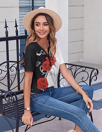 Womens Tops Short Sleeve Shirts Buttons V Neck Spring Fashion Summer Outfits Plus Size Blouses Dressy Casual