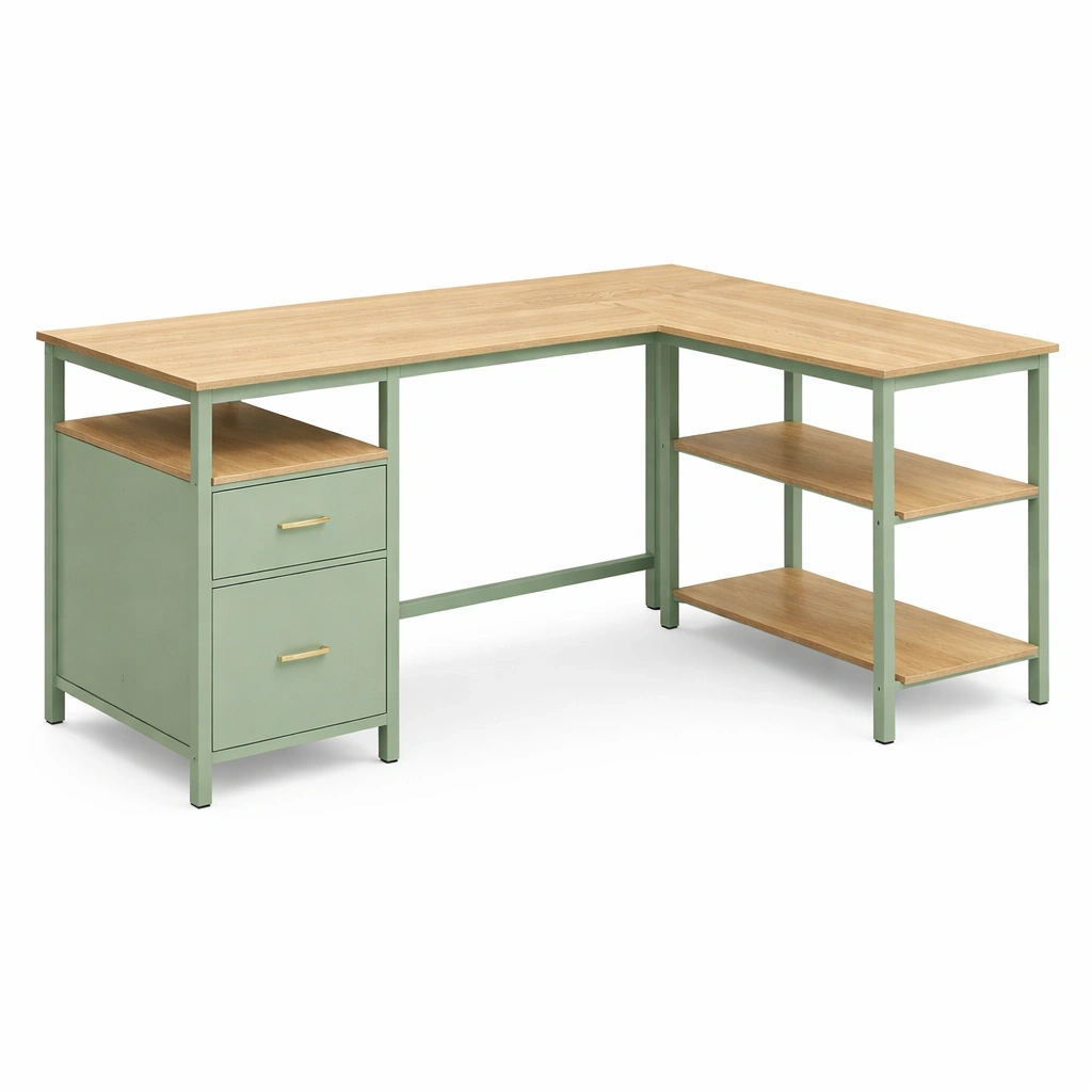 Bureau angle vert plateau bois tiroirs tagres rangement- Arvotrax