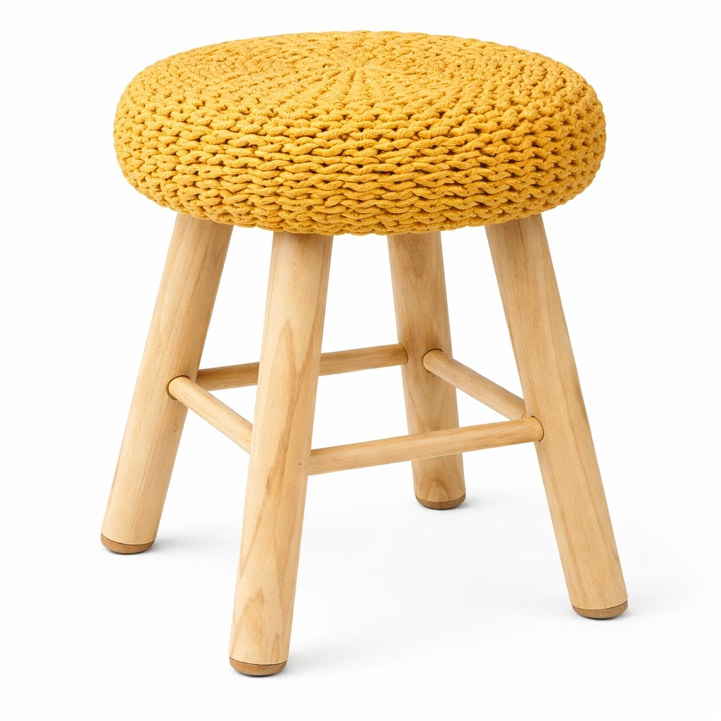 Tabouret rond jaune tricot bois naturel stable- Arvotrax
