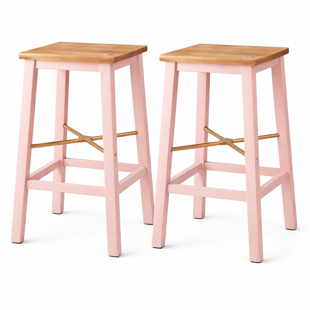 Lot tabourets bar rose plateau bois naturel support mtal- Arvotrax