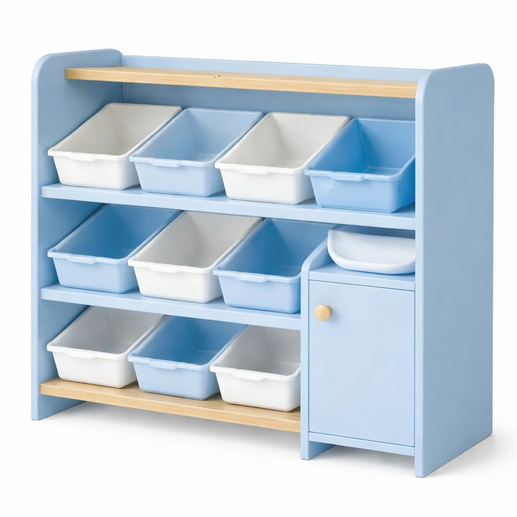tagre de rangement enfants avec bacs multiples et armoire latrale-Lumtravo