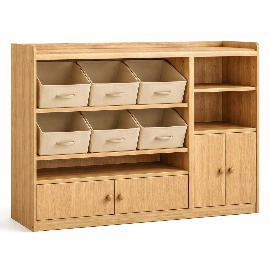 Grand meuble de rangement bois avec bacs et placards-Lumtravo