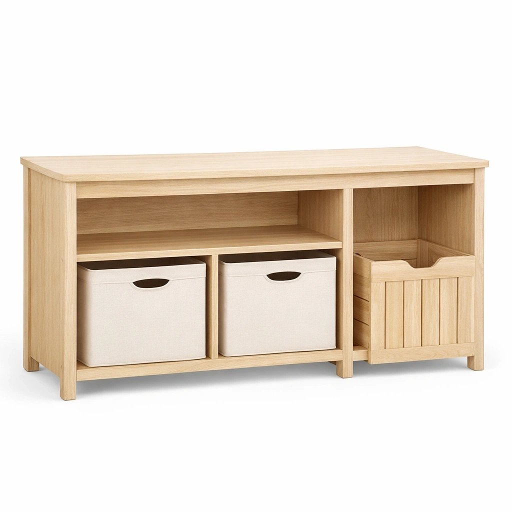 Banc de rangement bois avec compartiments et paniers-Lumtravo