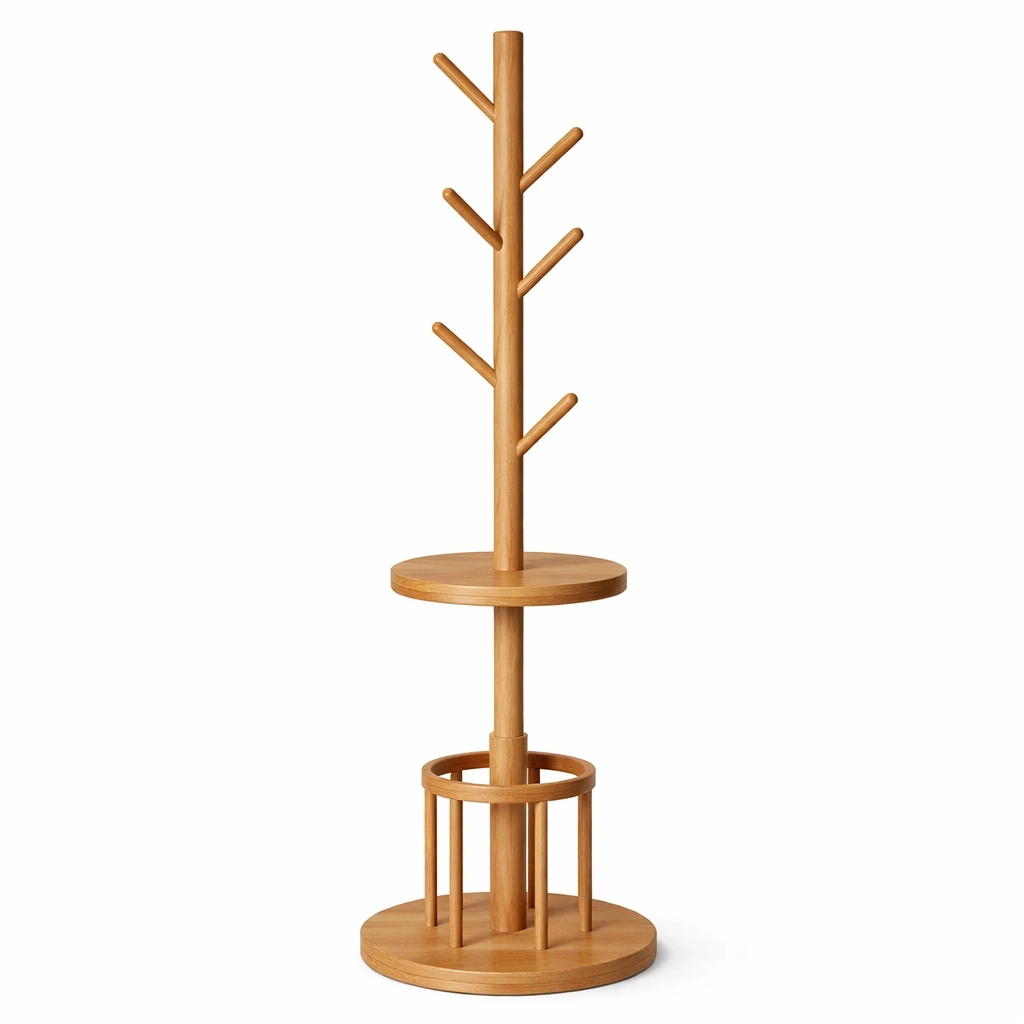 Porte Manteau Bois Naturel avec Plateau Rond-Lumtravo