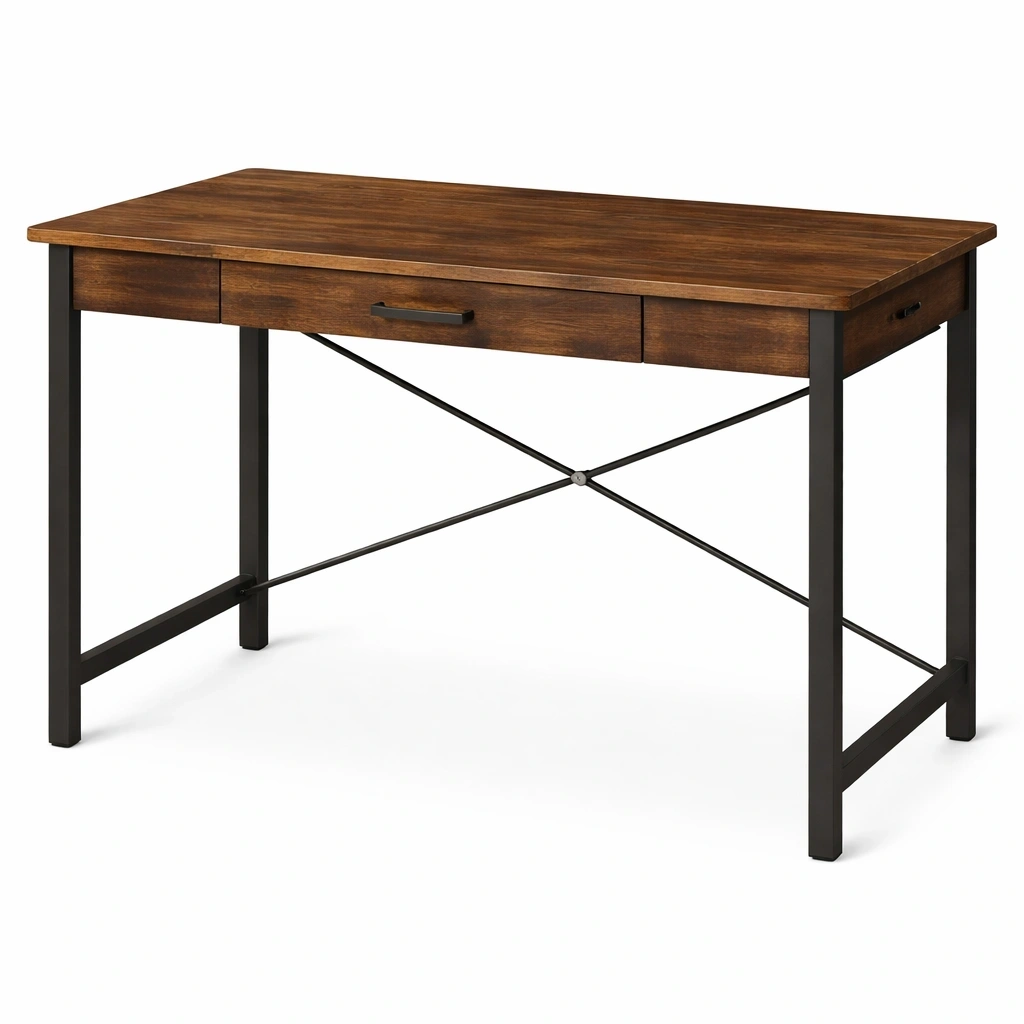 Bureau Bois Marron avec Tiroirs et Structure Mtal-Lumtravo