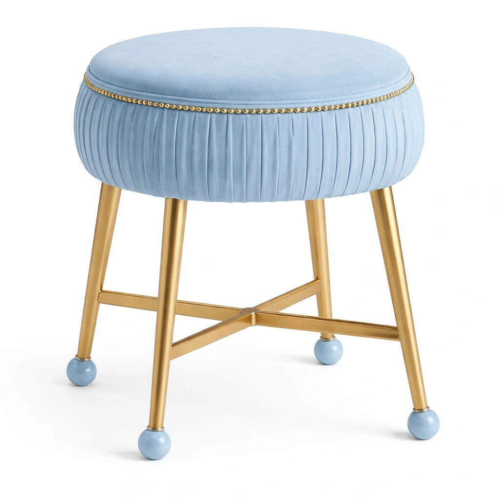 Tabouret Rond Bleu Velours Pieds Mtal Dor-Lumtravo
