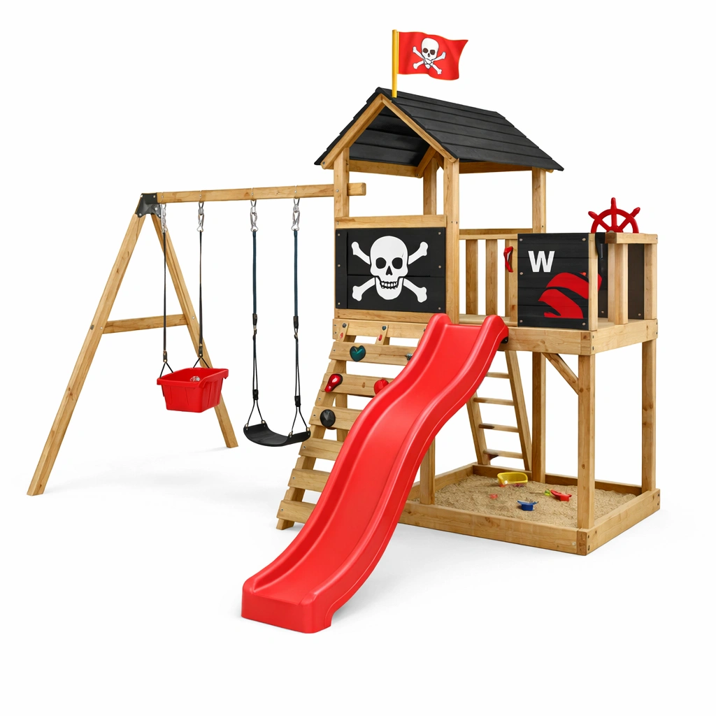 Aire de jeux bois extrieur thme pirate toboggan balan?oire bac sable noir naturel-zektrio