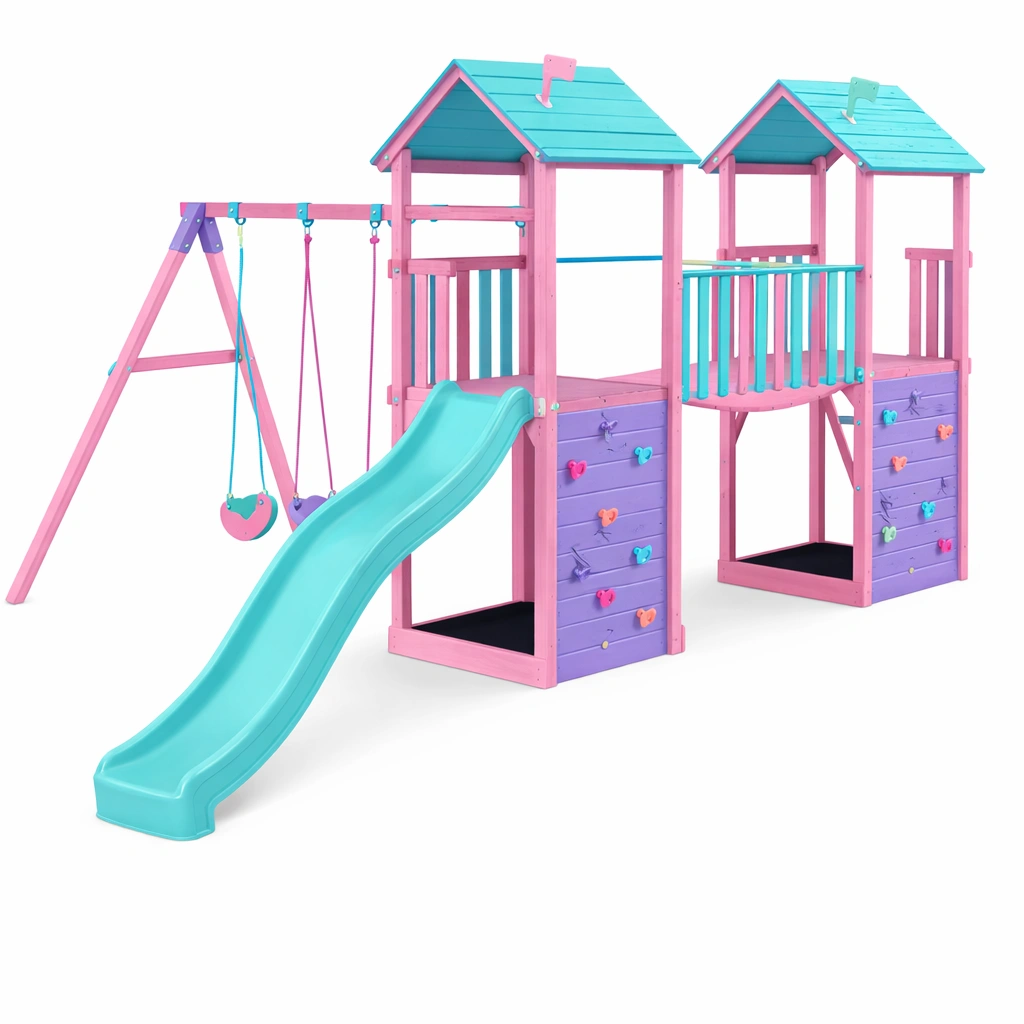 Aire de jeux bois extrieur cabanes doubles toboggan balan?oire rose bleu-zektrio