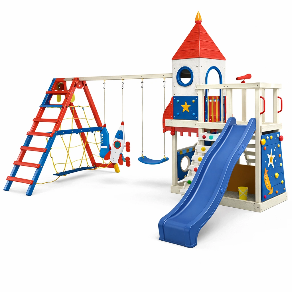 Aire de jeux bois extrieur fuse toboggan balan?oire chelle rouge bleu-zektrio