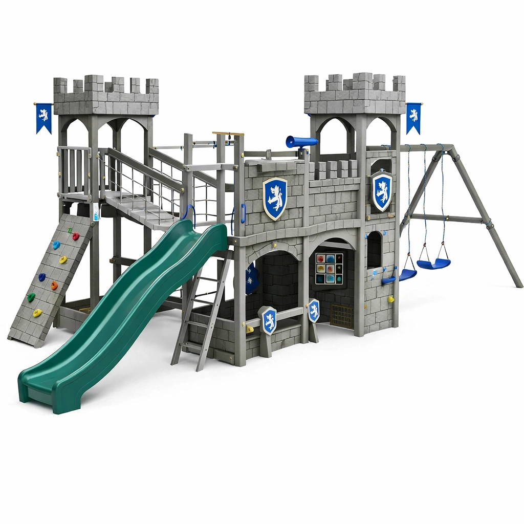 Aire de jeux bois extrieur chateau toboggan balan?oire mur escalade gris-zektrio