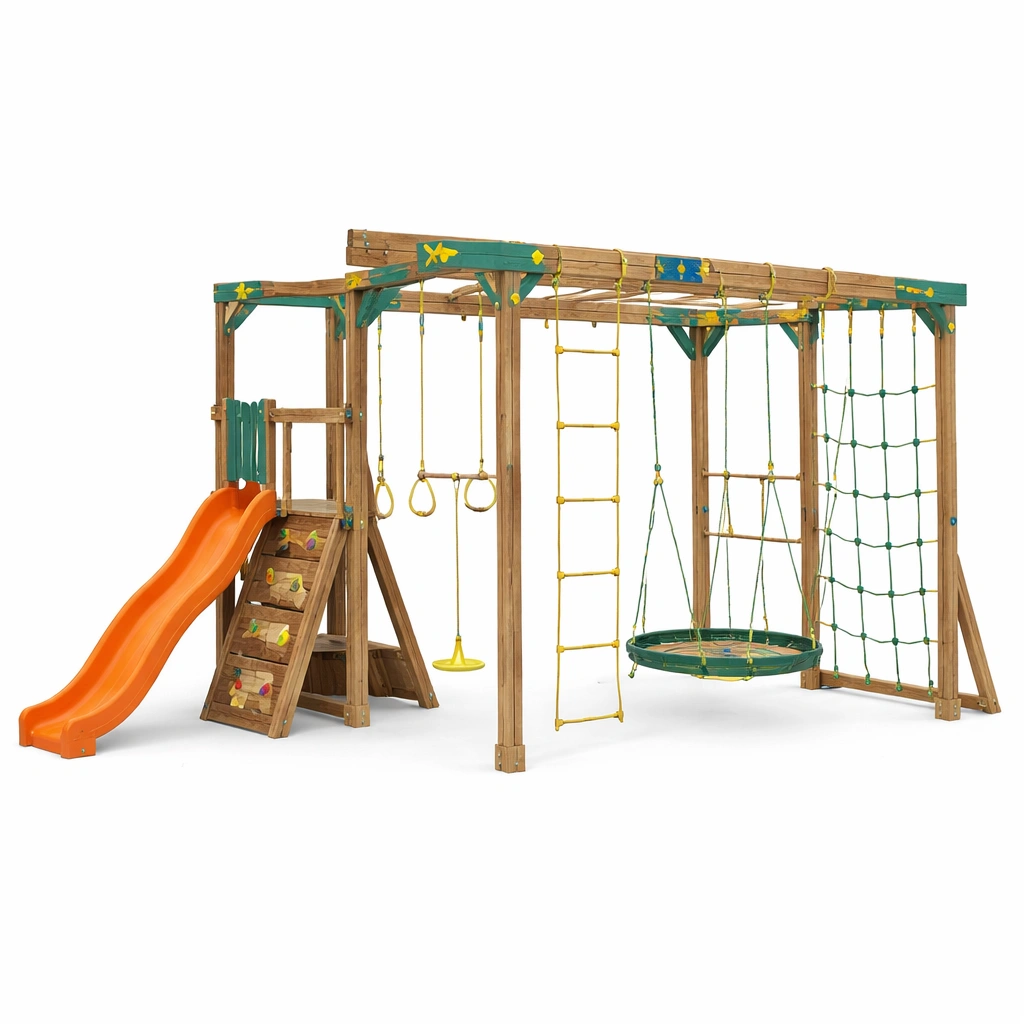 Aire de jeux bois extrieur parcours complet toboggan anneaux filet balan?oire marron-zektrio