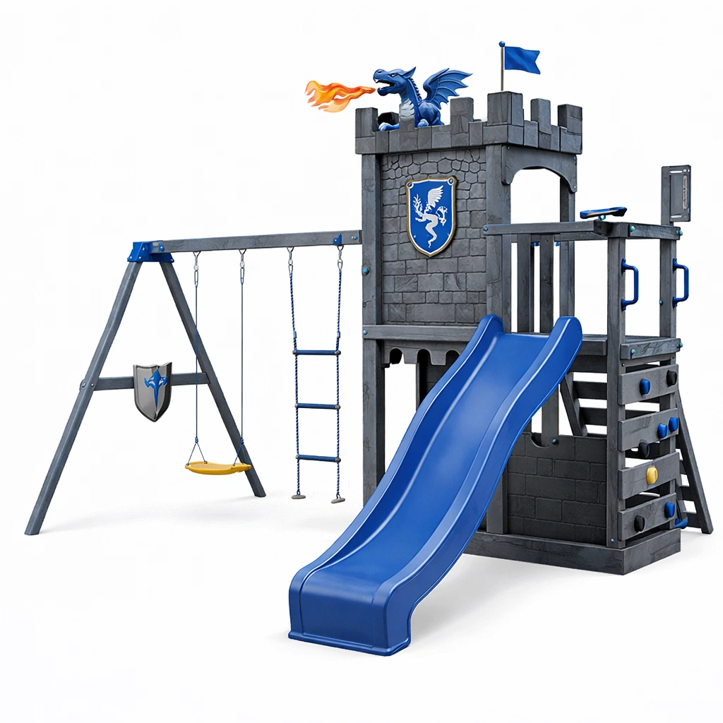Aire de jeux bois extrieur tour dragon toboggan balan?oire gris bleu-zektrio
