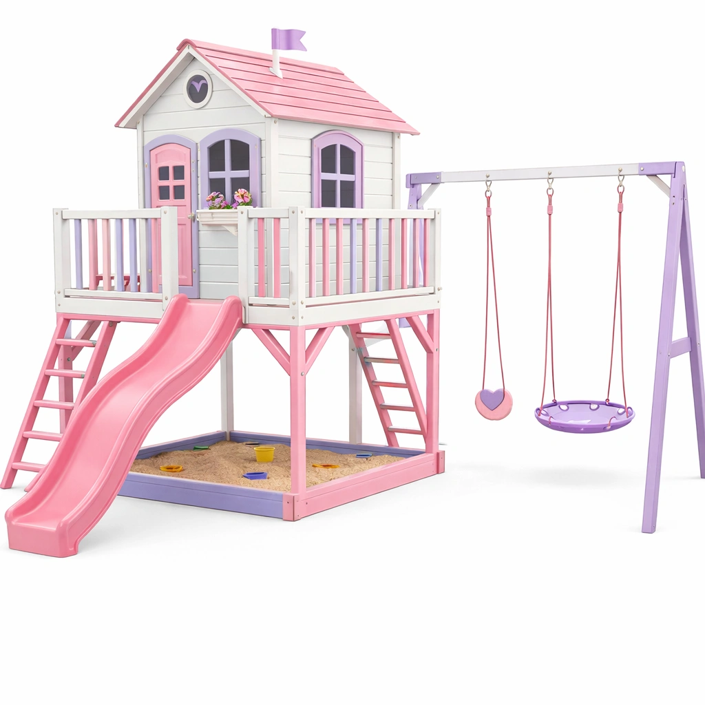 Aire de jeux bois extrieur maisonnette toboggan balan?oire panier rose blanc-zektrio