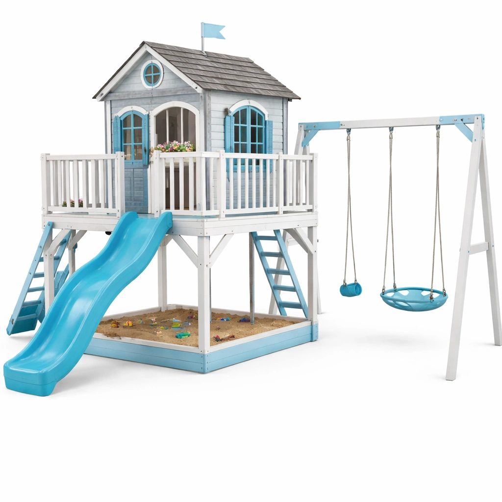 Aire de jeux bois extrieur cabane toboggan balan?oire panier bleu blanc-zektrio