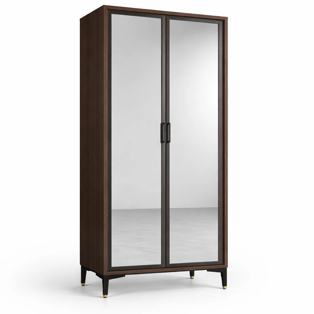 Armoire penderie portes miroir bois fonc design moderne chambre rangement-zektrio