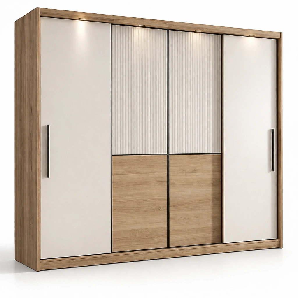 Armoire dressing portes coulissantes bois clair blanc clairage intgr grande capacit-zektrio