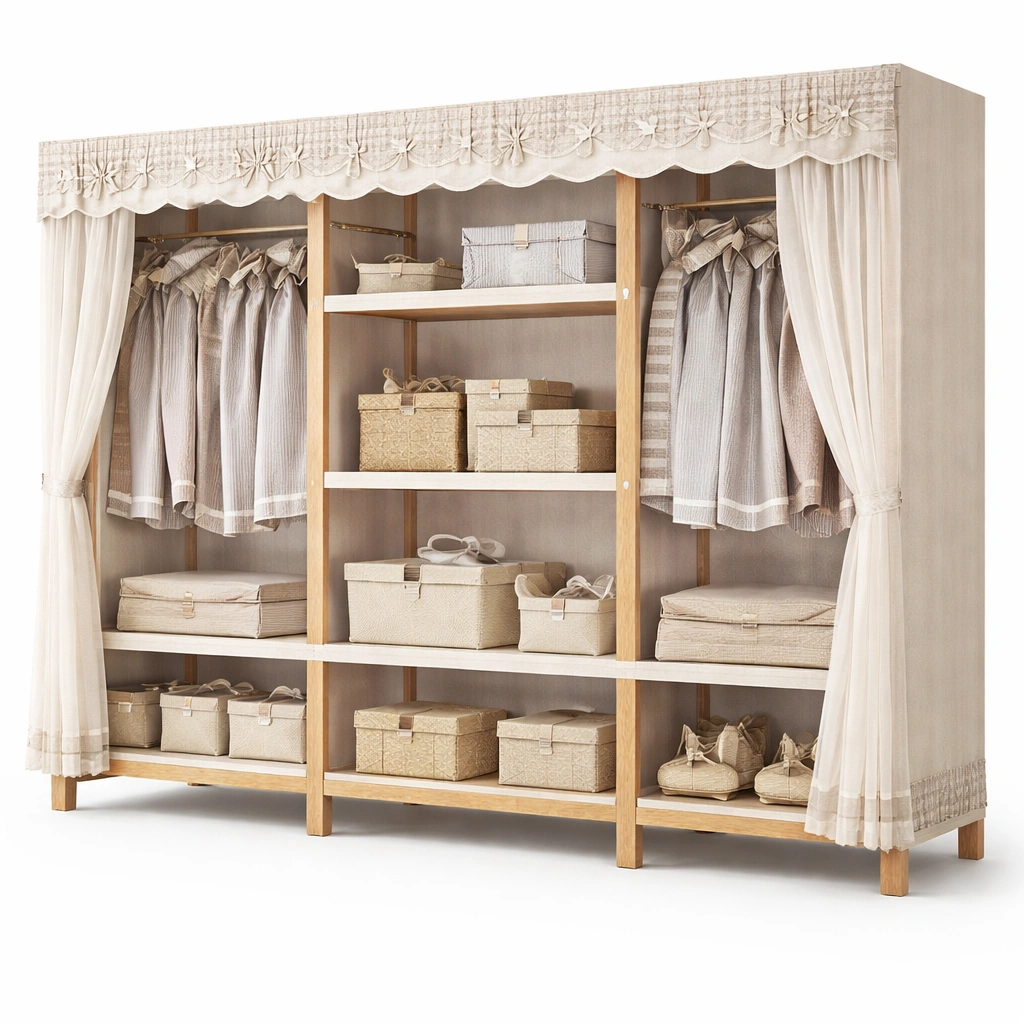 Armoire dressing ouverte rideaux tissu beige bois rangement modulable chambre-zektrio