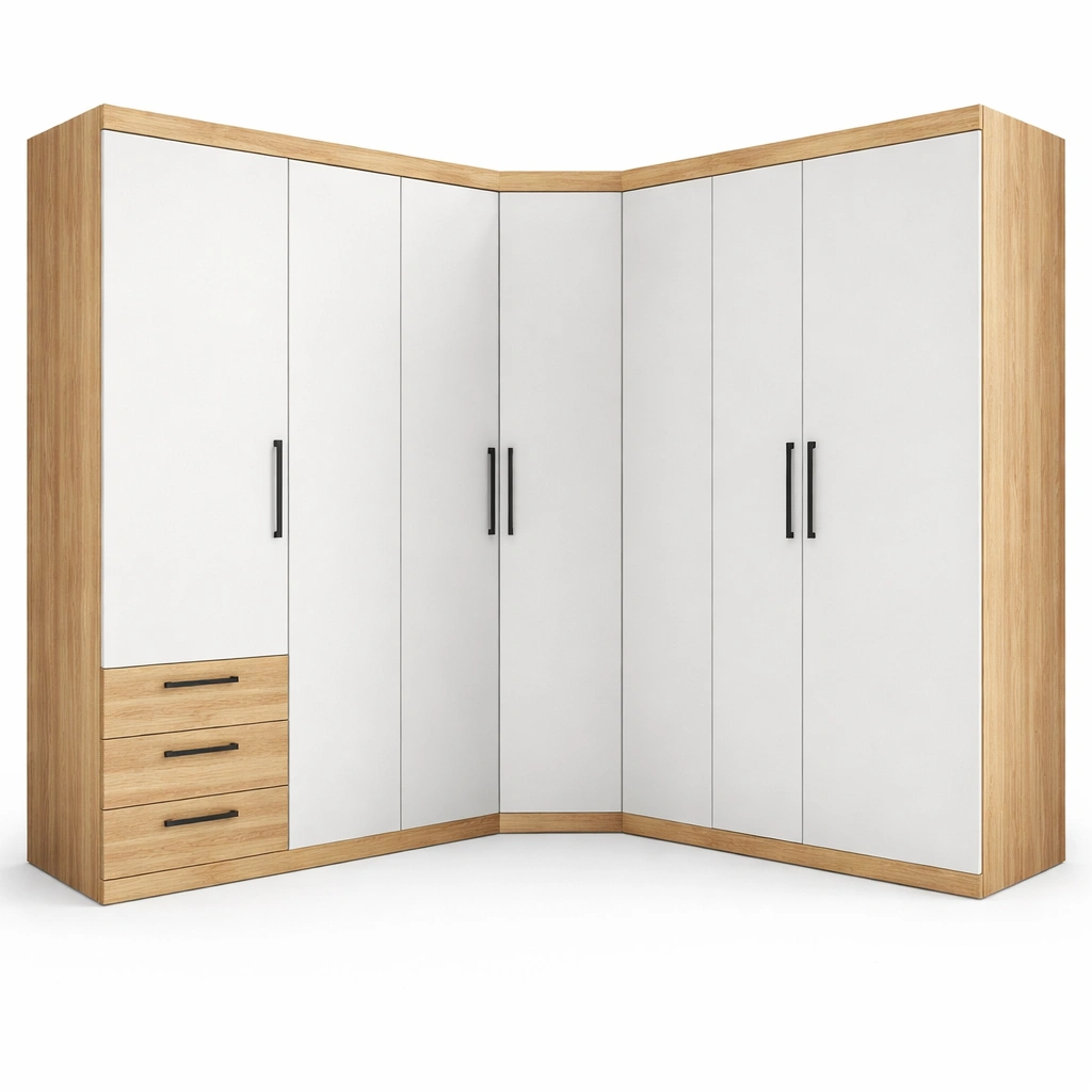 Armoire angle dressing bois clair blanc portes multiples tiroirs rangement complet-zektrio
