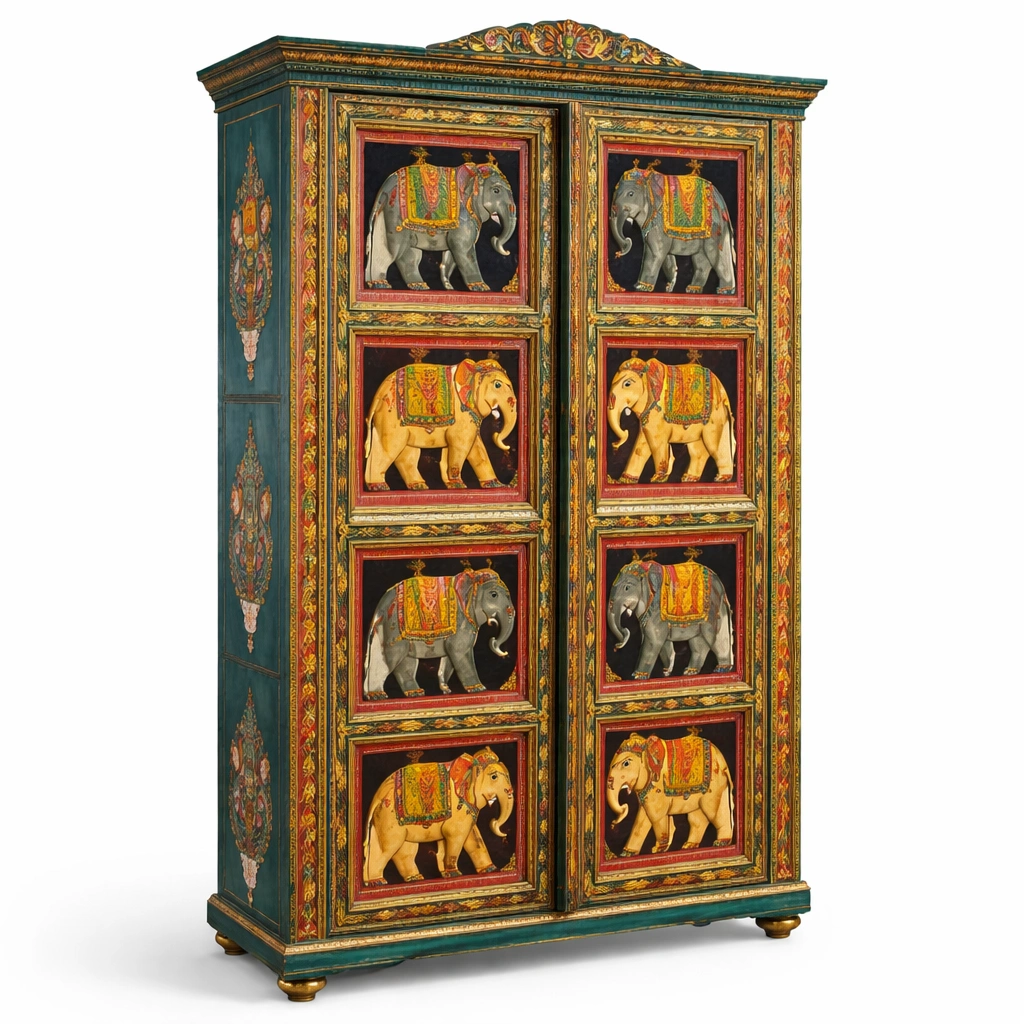 Armoire bois sculpt dcor lphant style ethnique rangement portes battantes-zektrio