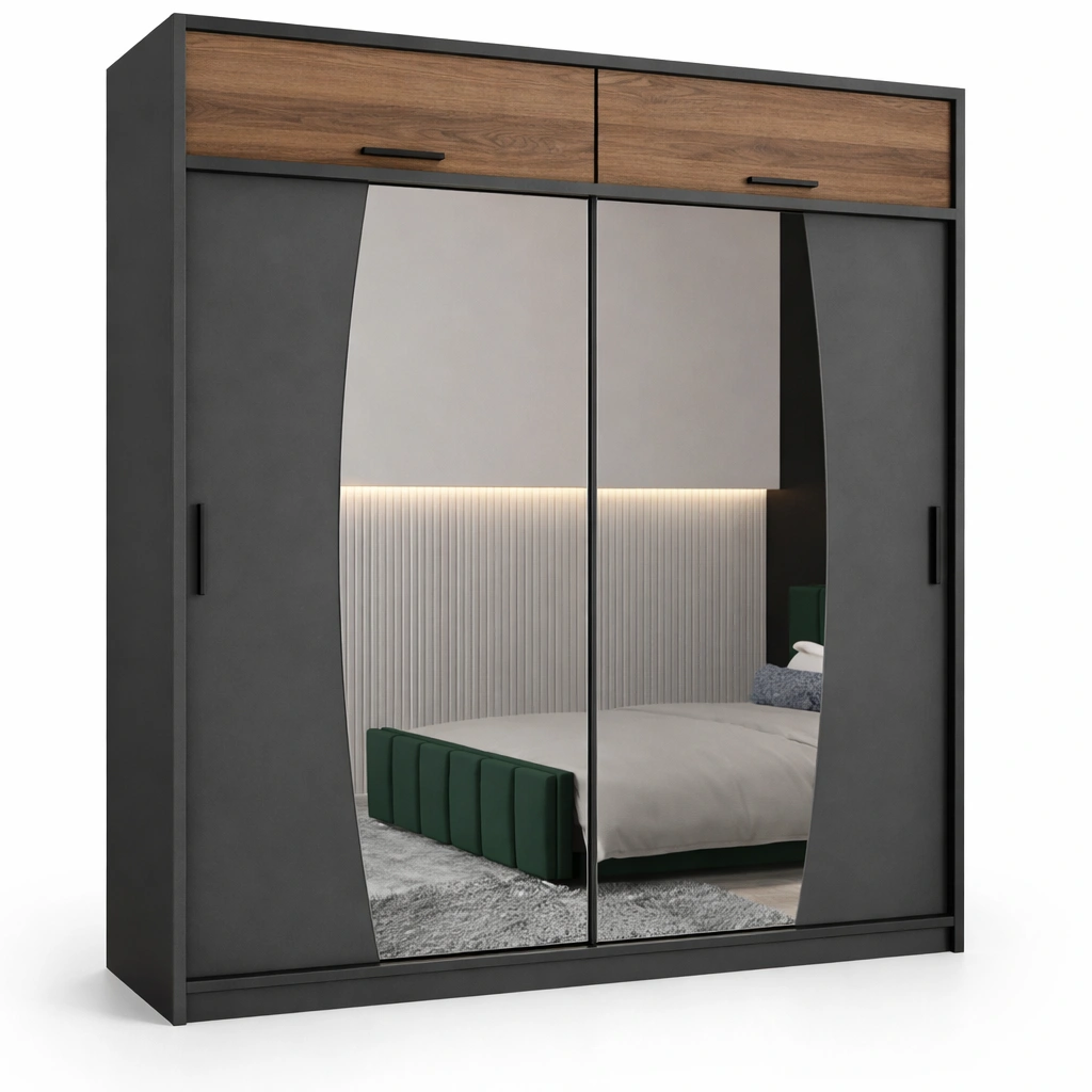 Armoire portes coulissantes miroir gris bois design moderne rangement chambre-zektrio