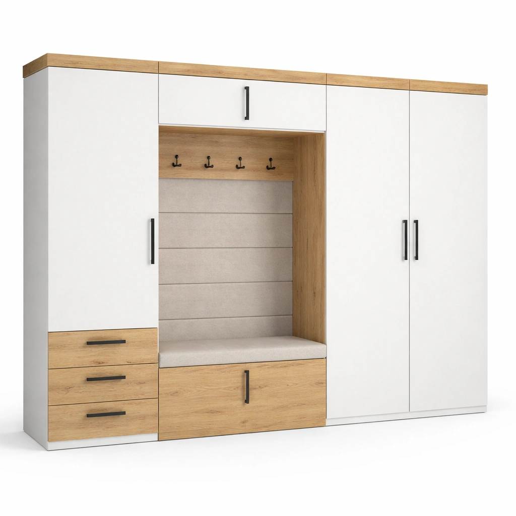 Armoire entre multifonction banc tiroirs portes rangement manteaux chaussures-zektrio