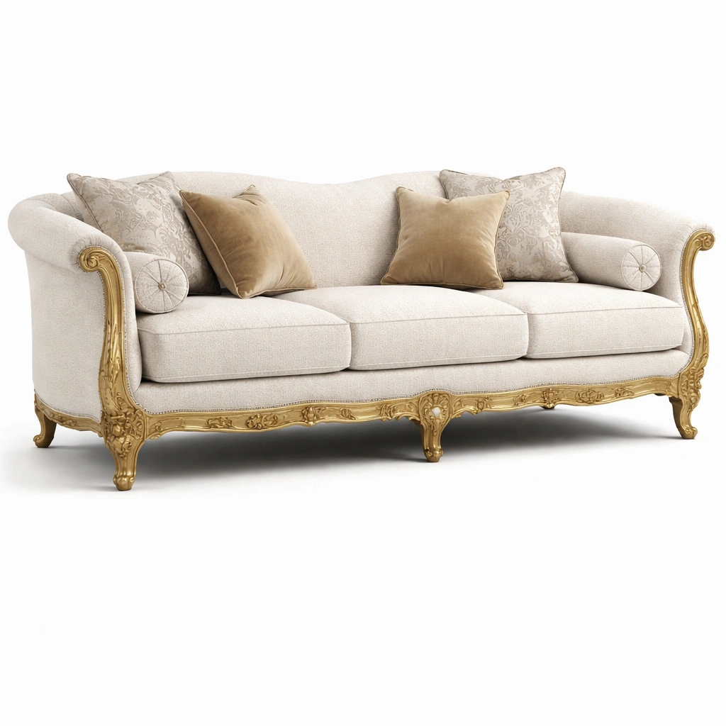 Canap classique bois sculpt tissu beige accoudoirs rouls style baroque salon-zektrio