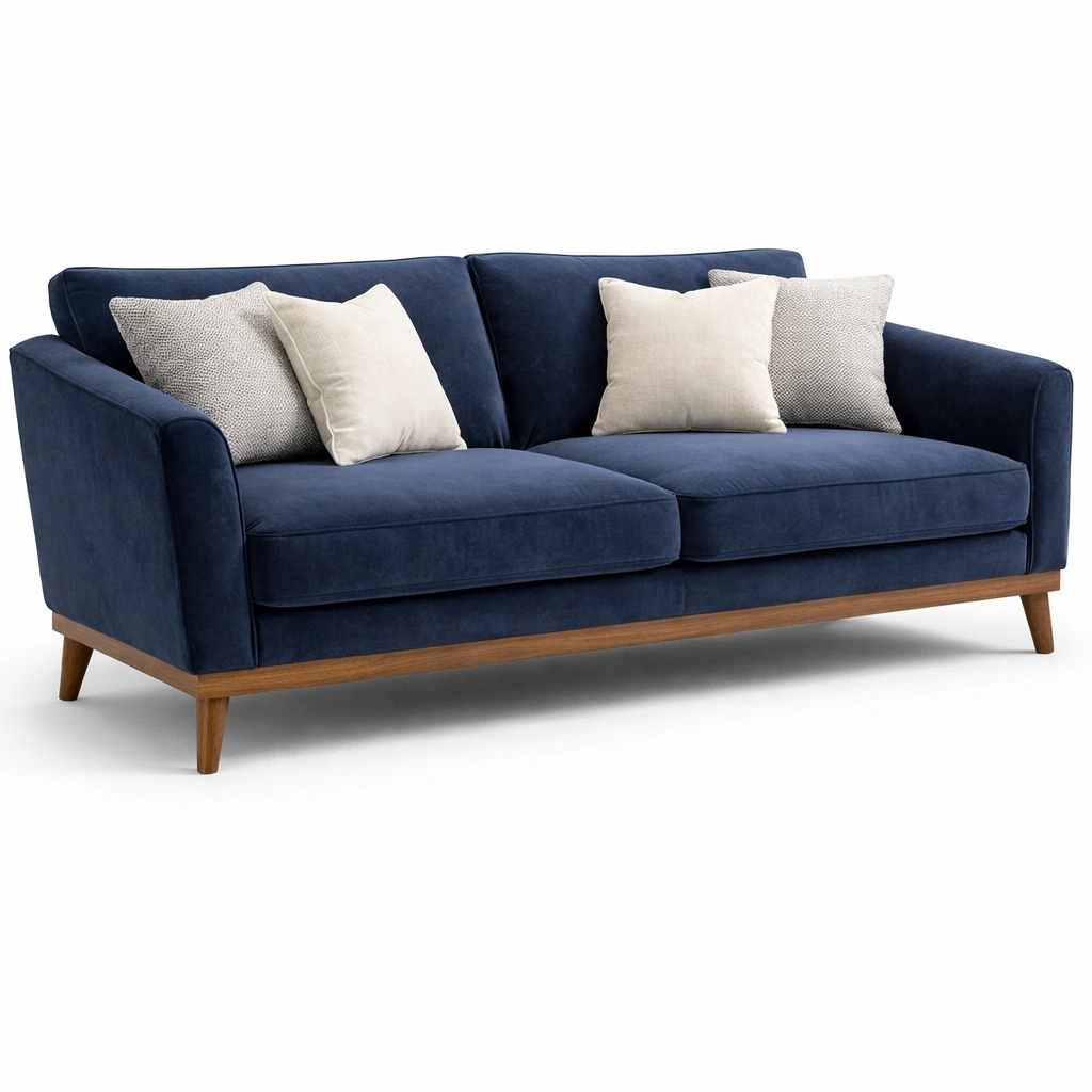 Canap tissu velours bleu trois places pieds bois design moderne salon-zektrio