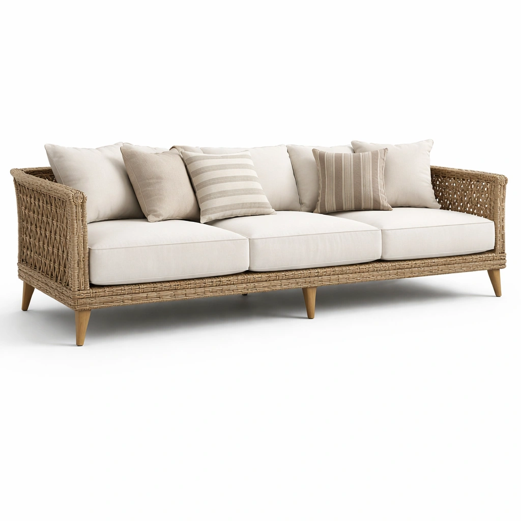 Canap rotin naturel trois places coussins tissu extrieur intrieur style bohme-zektrio