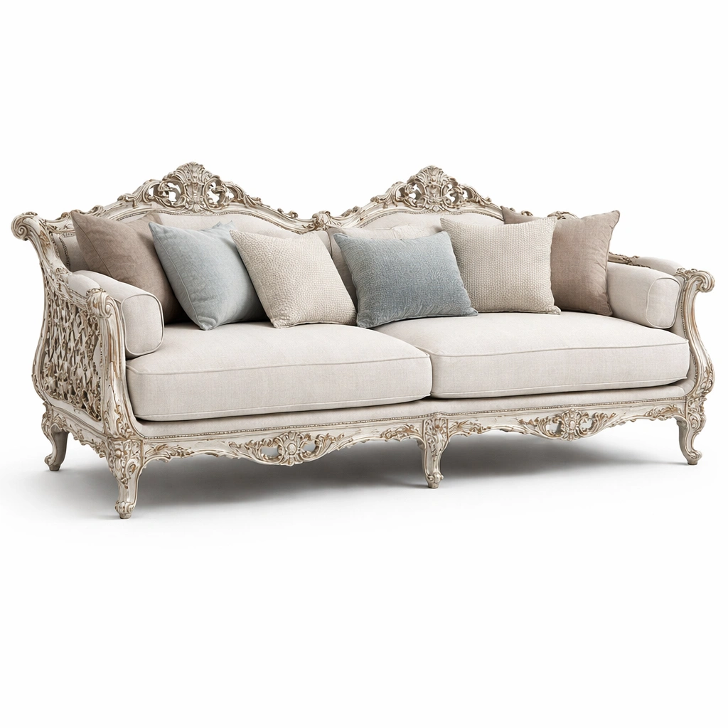Canap baroque bois sculpt tissu beige deux places style classique luxe salon-zektrio