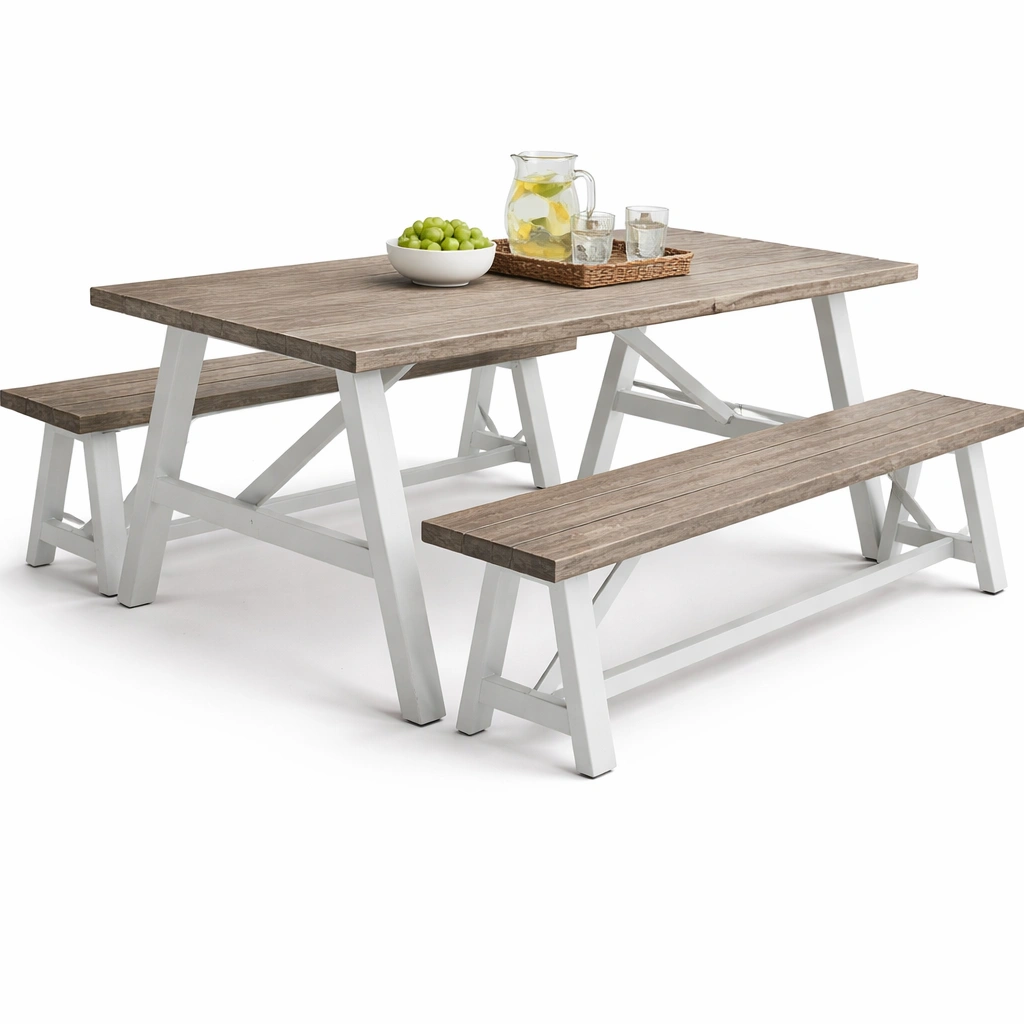 Table pique nique bois plateau gris pieds blancs bancs intgrs extrieur jardin-zektrio