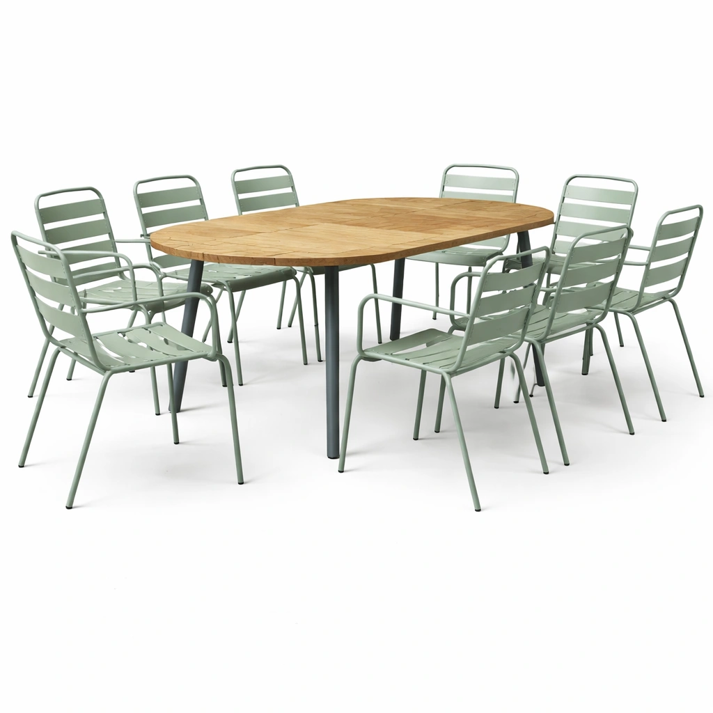 Table repas extrieur bois mtal avec chaises vertes design moderne jardin-zektrio