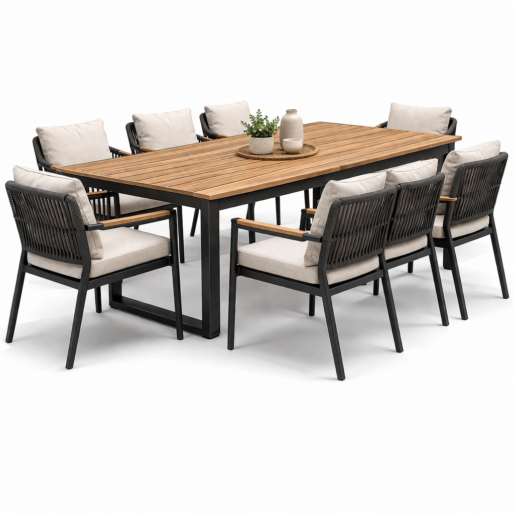 Table repas extrieure bois plateau lattes structure mtal avec chaises corde-zektrio