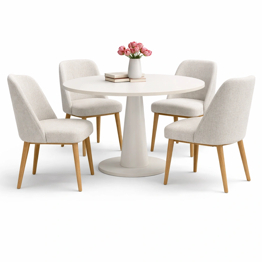 Table ronde salle  manger blanc avec quatre chaises tissu design moderne-zektrio