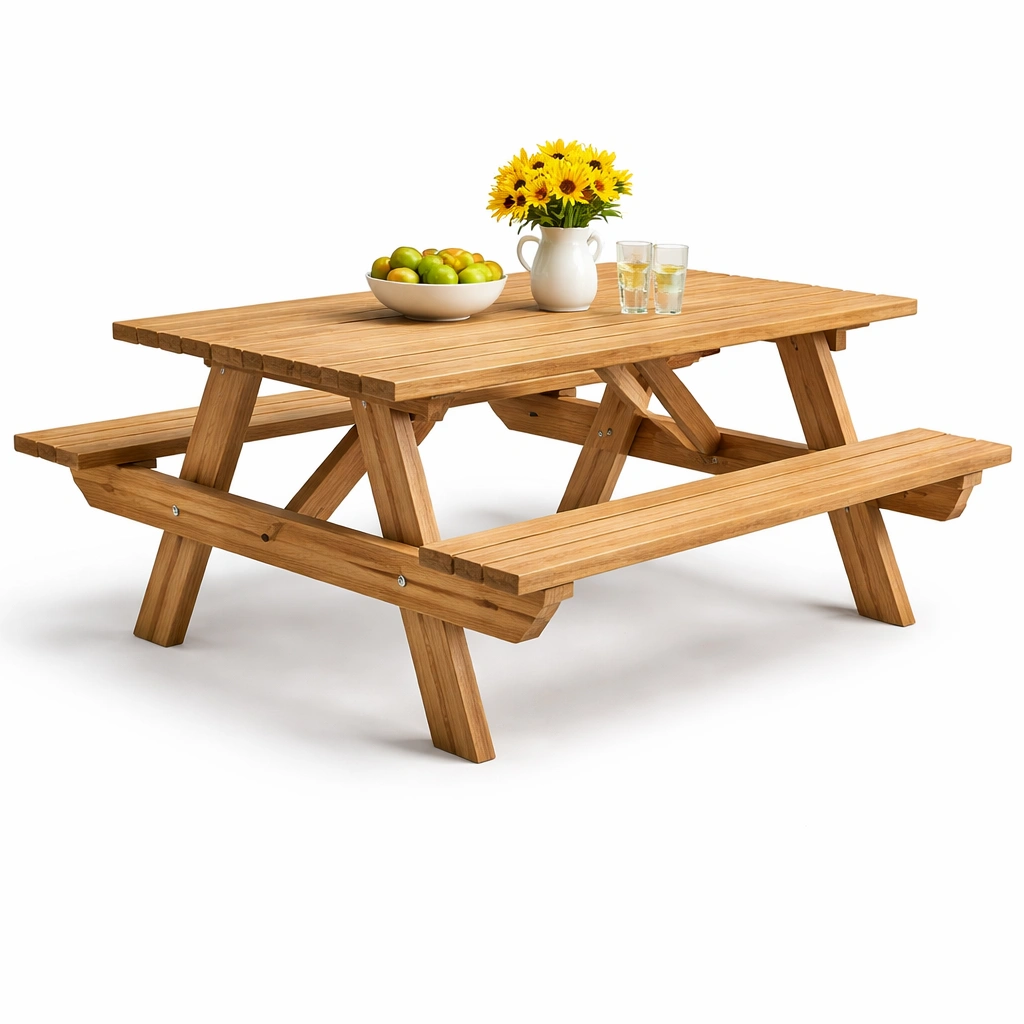 Table pique nique bois naturel avec bancs intgrs extrieur jardin robuste-zektrio