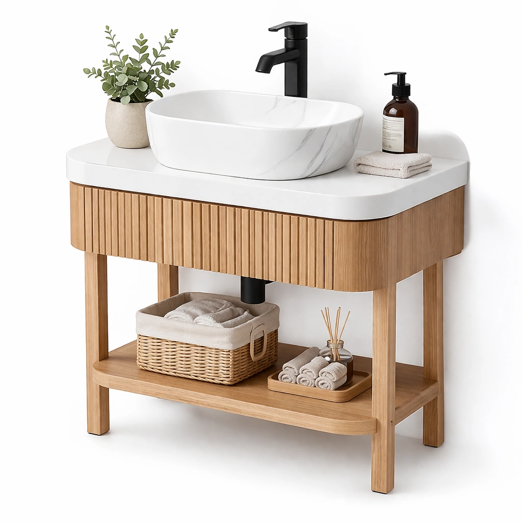 Meuble salle de bain bois avec vasque cramique blanche et tagre infrieure-zektrio
