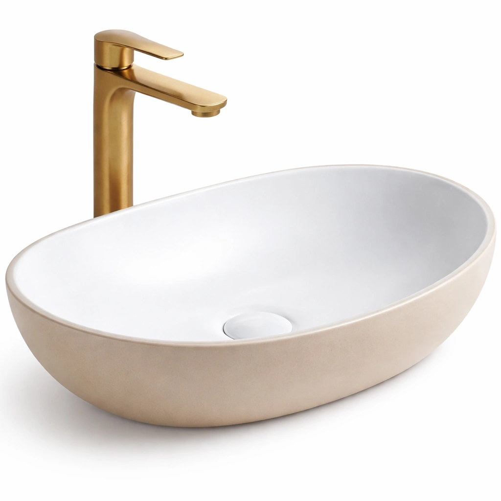 Vasque ovale cramique beige avec robinet dor design moderne salle de bain-zektrio