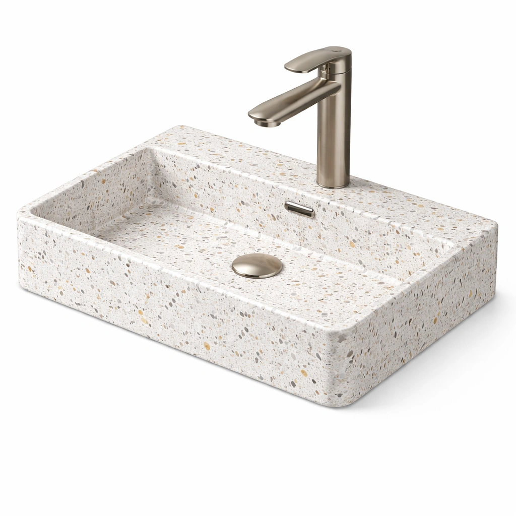 Vasque rectangulaire terrazzo blanc avec robinet mtal finition satine-zektrio