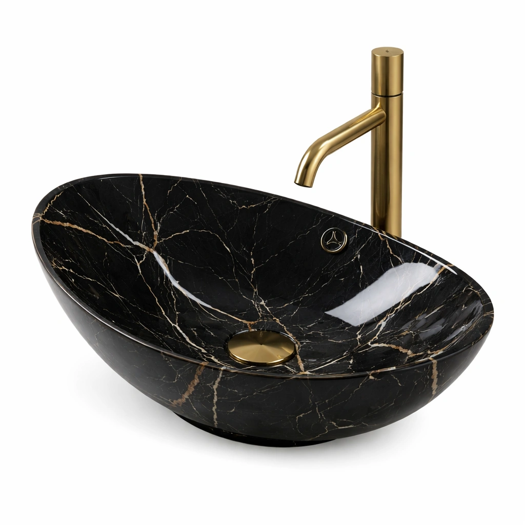 Vasque ovale marbre noir vein avec robinet dor style lgant salle de bain-zektrio