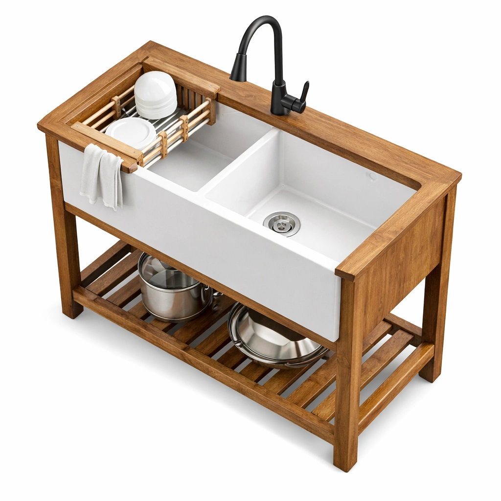 vier cuisine double bac cramique avec meuble bois tagre rangement-zektrio