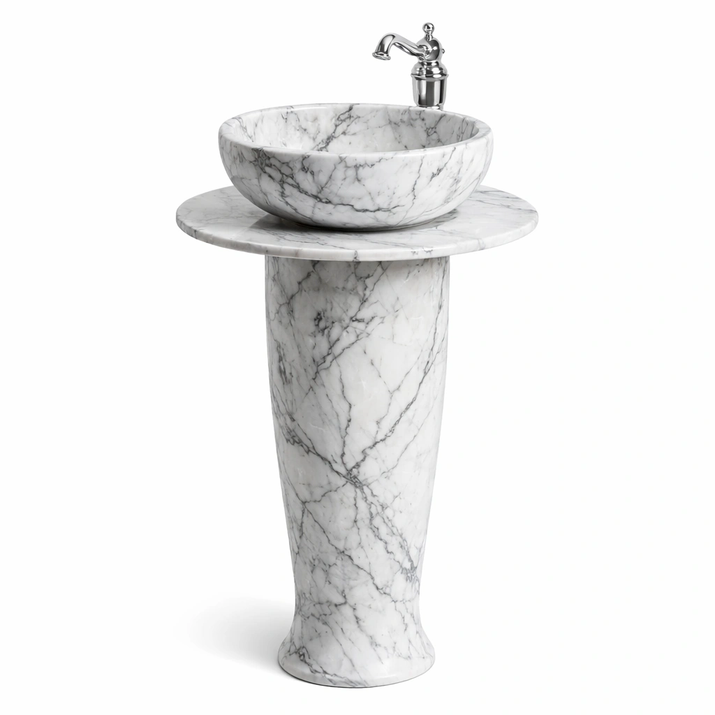 Colonne lavabo marbre blanc avec vasque ronde et robinet chrom-zektrio