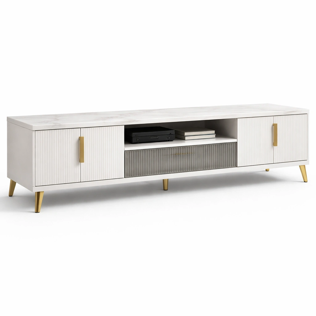 Meuble TV blanc moderne avec portes rainures plateau effet marbre pieds dors-zektrio