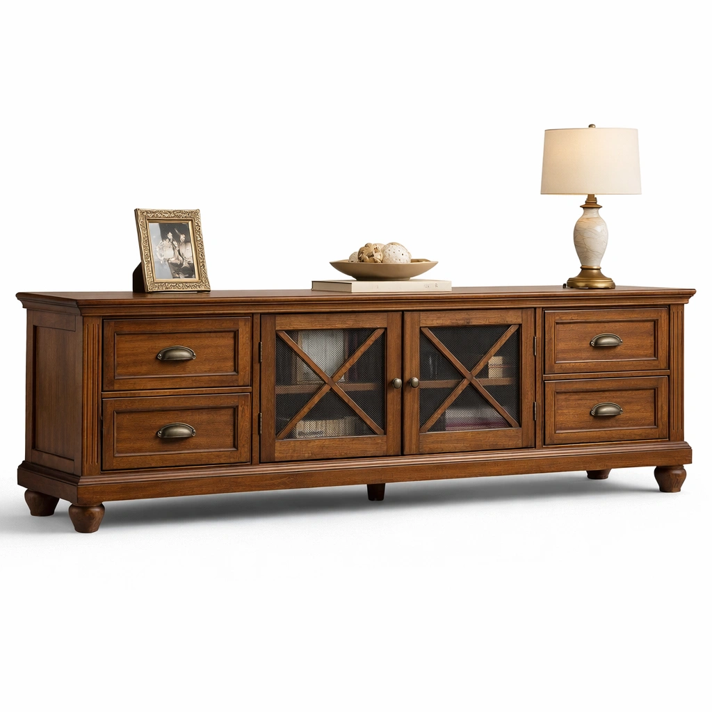 Meuble TV bois massif classique avec tiroirs et portes vitres style traditionnel-zektrio