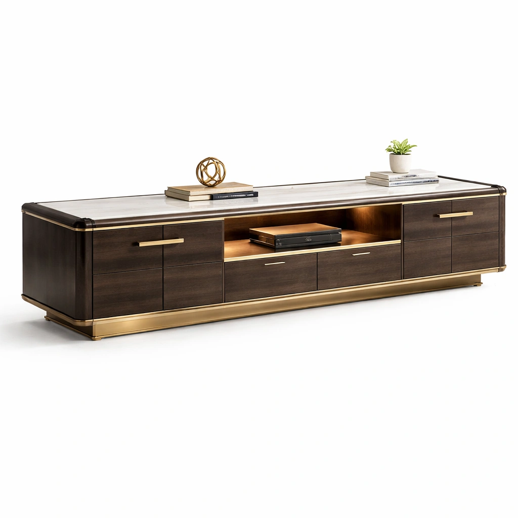 Meuble TV bois fonc avec clairage intgr et dtails dors design luxe moderne-zektrio