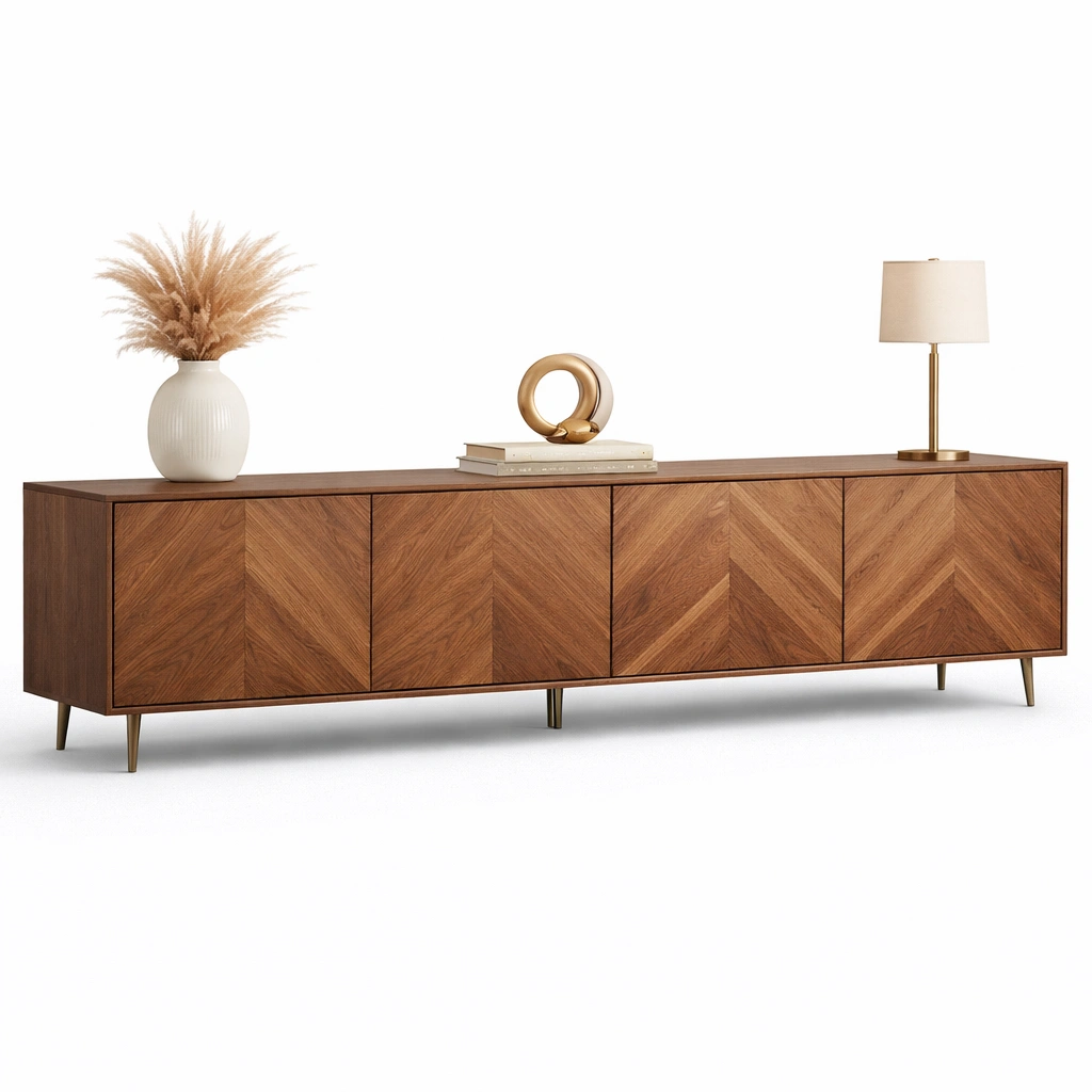 Meuble TV bois naturel avec motif chevron portes multiples style contemporain-zektrio