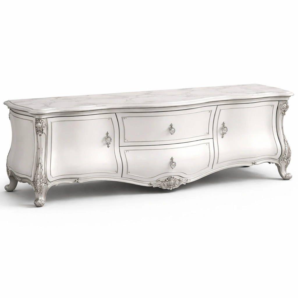 Meuble TV classique blanc sculpt avec tiroirs et plateau marbre style baroque-zektrio
