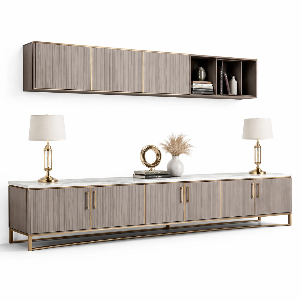 Meuble TV moderne avec meuble mural assorti bois gris et dtails dors-zektrio